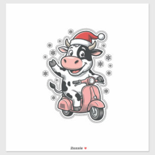 Sticker Vache de Noël à scooter rose vintage vecteur_1