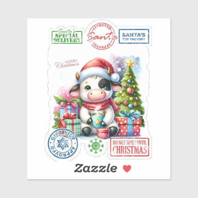 Sticker Vache de Noël joyeuse avec des cadeaux ! (Feuille)