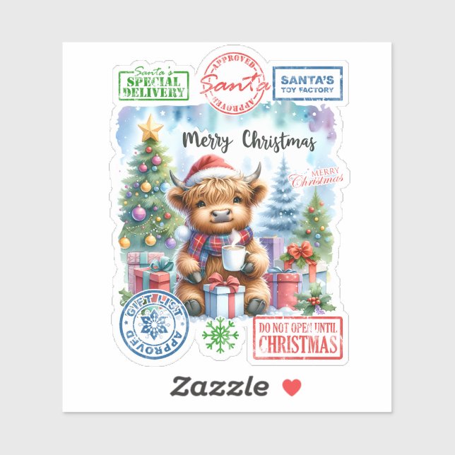 Sticker Vache des Highlands boit près d'un arbre de Noël (Feuille)