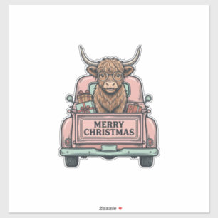 Sticker Vache des Highlands Camion de Noël Gravure Vintage