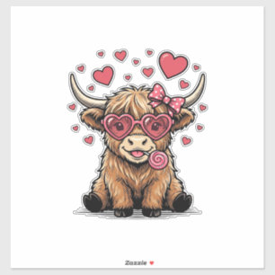 Sticker Vache des Highlands mignonne Saint-Valentin lunett
