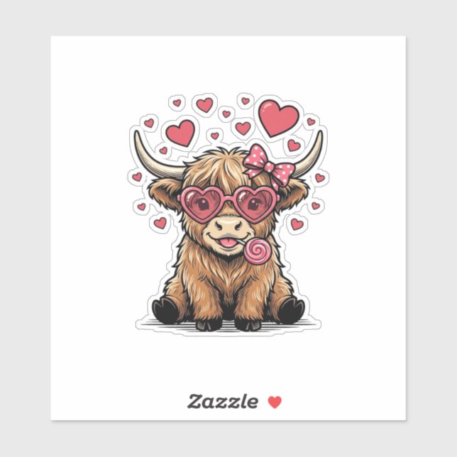 Sticker Vache des Highlands mignonne Saint-Valentin lunett (Feuille)