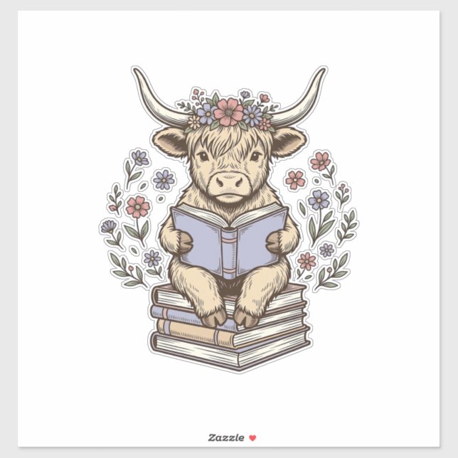 Sticker Vache Florale de Lecture Mignonne Pile de Livres D (Feuille)