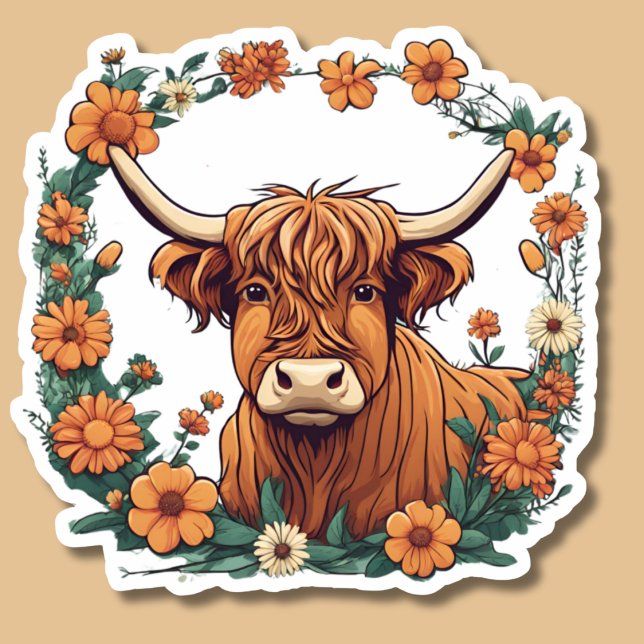 Sticker Vache Highland Aux Fleurs Bohémiennes (Créateur téléchargé)