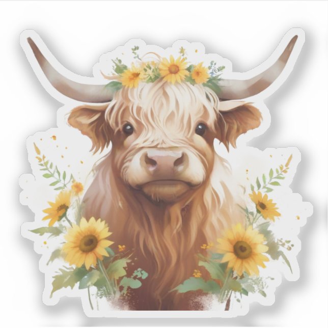 Sticker Vache Highland avec Couronne de fleurs de tourneso (Devant)