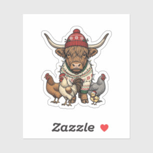 Sticker Vache Highland et poulets de Noël Gravure vintage