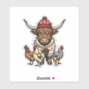Sticker Vache Highland et poulets de Noël Gravure vintage