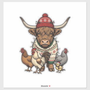 Sticker Vache Highland et poulets de Noël Gravure vintage