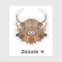 Vache Highland mignonne aux fleurs d'automne