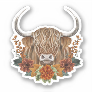 Sticker Vache Highland mignonne aux fleurs d'automne