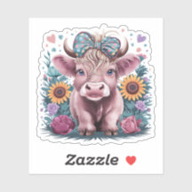 Vache Highland mignonne aux fleurs Turquoises Coqu