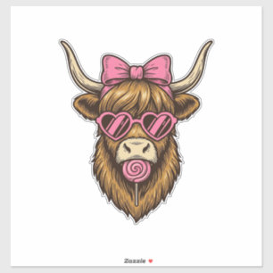 Sticker Vache Highland Mignonne avec Lunettes de Coeur Ros