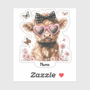 Sticker Vache Highland mignonne avec papillons et lunettes
