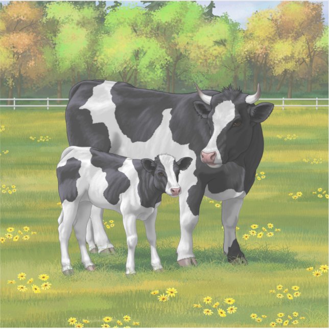 Sticker Vache Holstein et veau mignon en pâturage d'été (Devant)