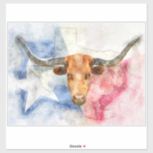 Sticker Vache Longhorn avec carte du Texas et drapeau aqua