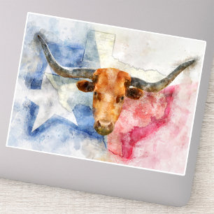 Sticker Vache Longhorn avec carte du Texas et drapeau aqua