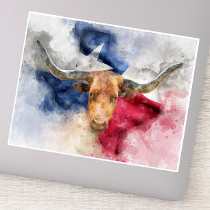 Sticker Vache Longhorn avec Texas Drapeau Carte Aquarelle