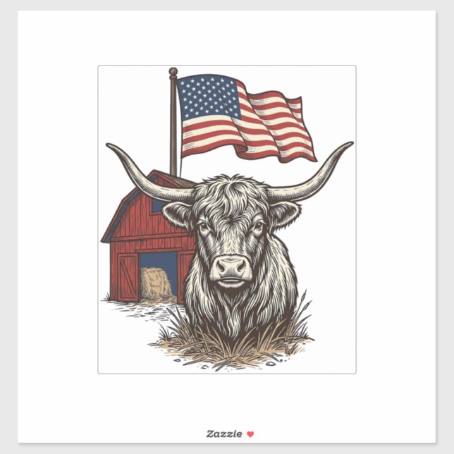 Sticker Vache Longhorn Patriotique et Conception Vectoriel (Feuille)