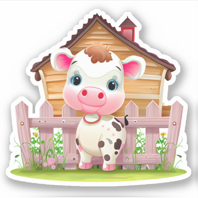 Sticker Vache mignonne debout près de la clôture Custom Cu (Devant)