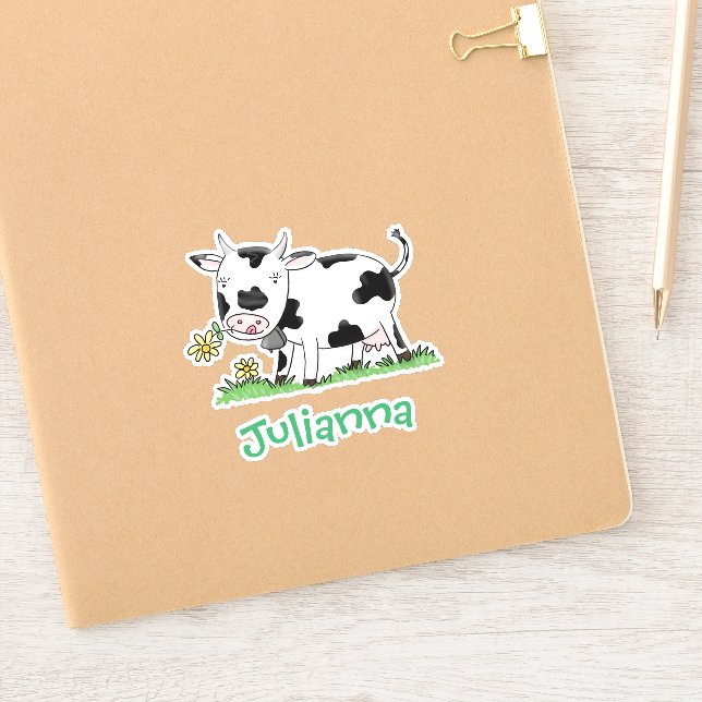 Sticker Vache mignonne en vert dessin animé sur le terrain (Carnet)