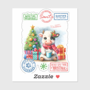 Sticker Vache mignonne profitant de Noël près de l'arbre d