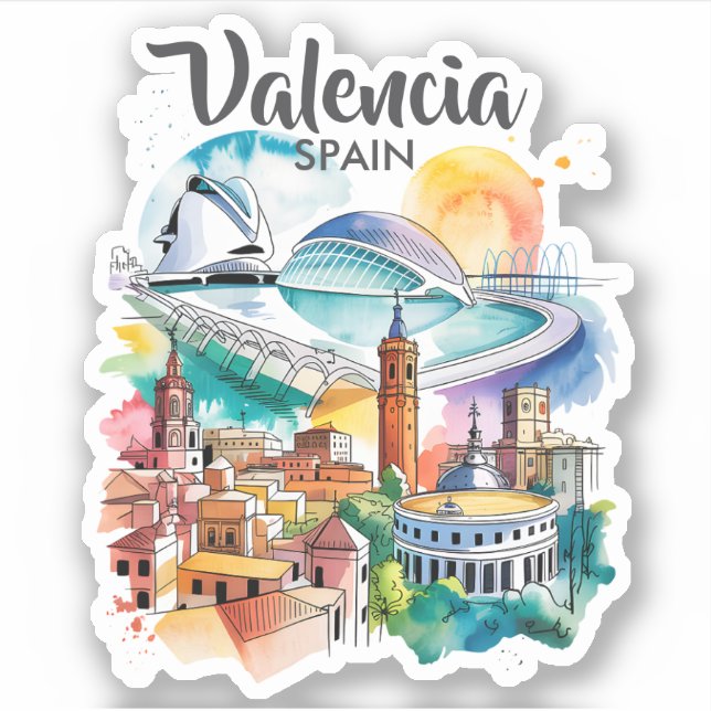 Sticker Valencia Spain Cityscape Watercolor Travel Custom (Devant)