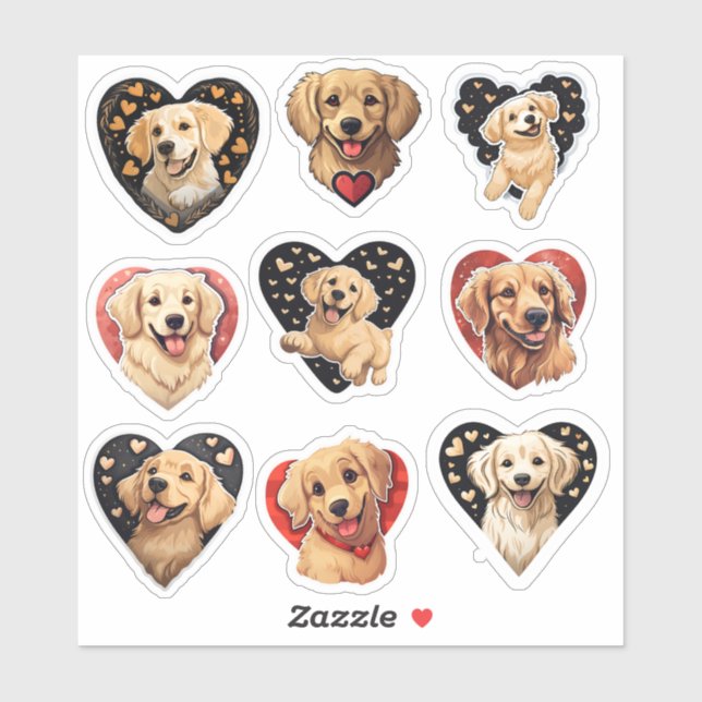 Sticker Valentine Golden Retriever Chien ensemble de 9 aut (Feuille)