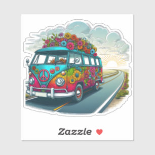 Sticker Van coloré à fleurs voyageant au coucher du soleil