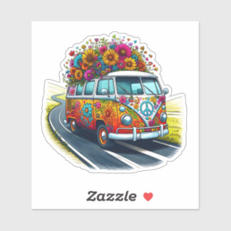 Sticker Van coloré avec fleurs sur route ensoleillée