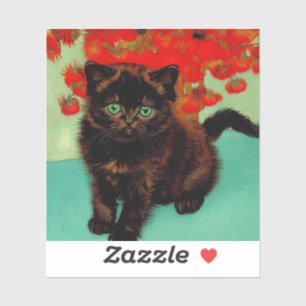 Sticker Van Gogh Chat noir Fleurs rouges