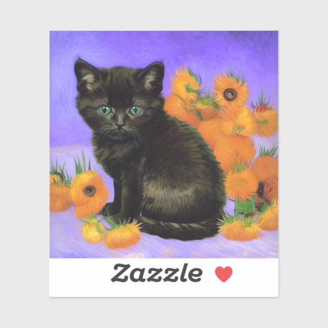 Sticker Van Gogh Kitten noir avec des tournesols (Feuille)