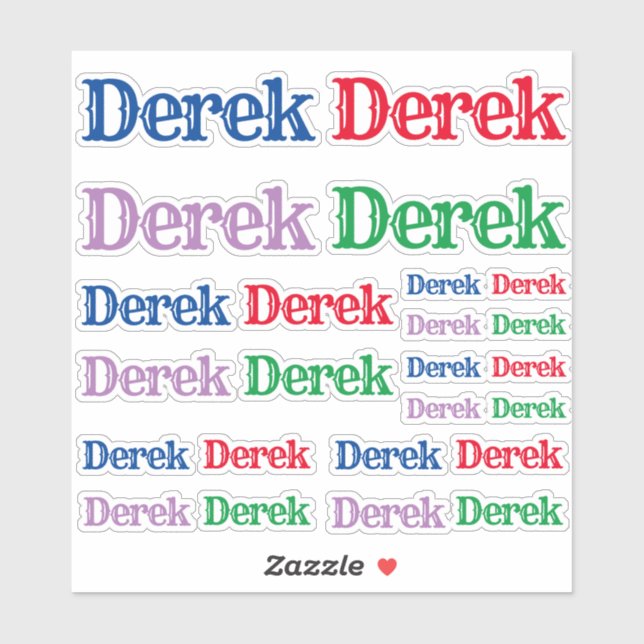 Sticker Variété des tailles du nom Derek (Feuille)