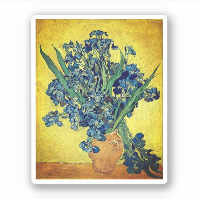 Sticker Vase avec Irises contre un dos jaune (Devant)