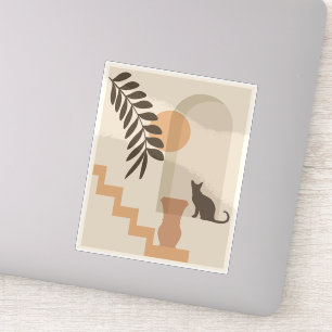 Sticker Vase Chat Feuille Escalier, Art Géométrique Abstra