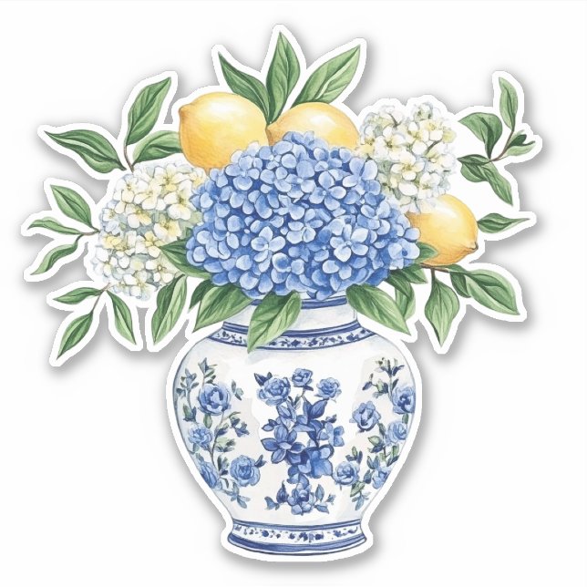 Sticker Vase en chinoiserie bleu et blanc avec hydrangeas (Devant)