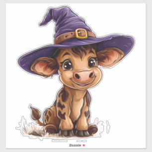 Sticker Veau de dessin animé mignon avec chapeau de sorciè