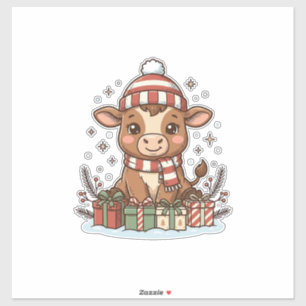 Sticker Veau de Noël mignon avec cadeaux Vintage Vector_1