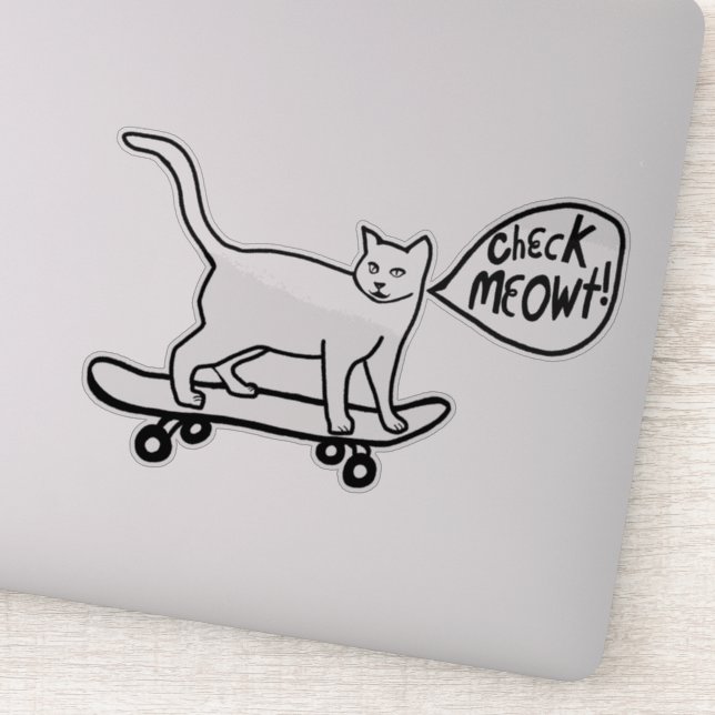 Sticker VÉRIFIEZ MEOWT ! Chat de planche à roulettes Noir  (Détail)