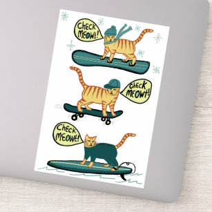 Sticker VÉRIFIEZ MEOWT ! Tabby Cat Skateboard Surf Snowboa