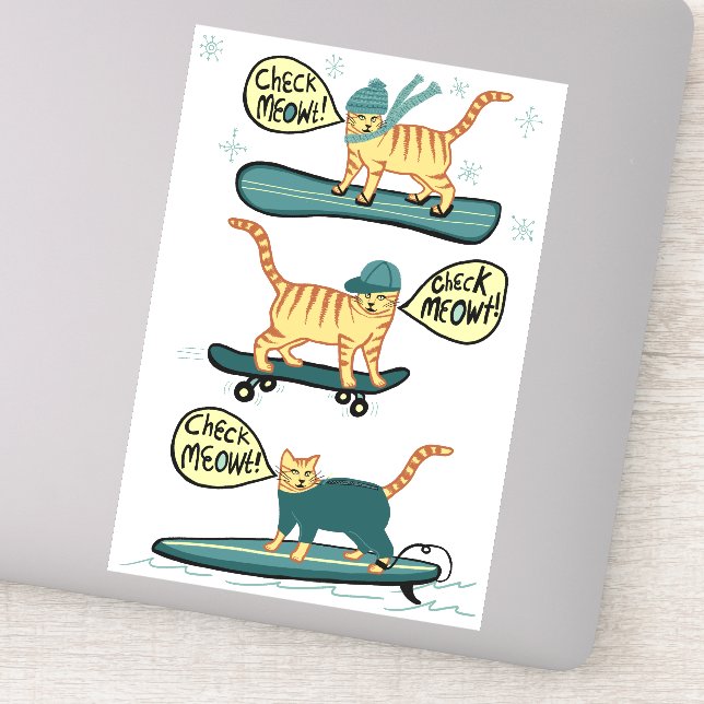 Sticker VÉRIFIEZ MEOWT ! Tabby Cat Skateboard Surf Snowboa (Détail)