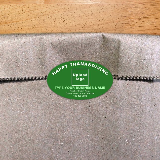 Sticker vert ovale de Thanksgiving (Thanksgiving greeting with your business brand on green oval shape sticker.)