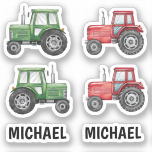 Sticker Vert rouge tracteur ferme aquarelle personnalisée