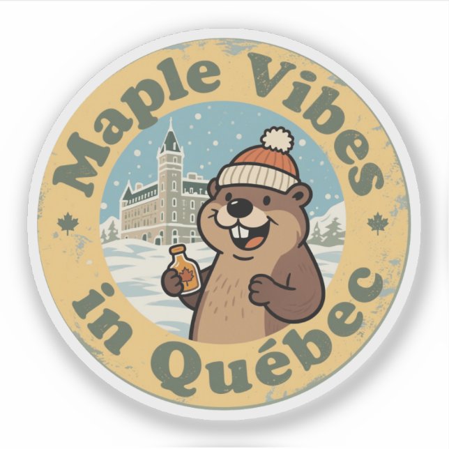 Sticker Vibes d'érable au Québec avec un castor drôle (Devant)