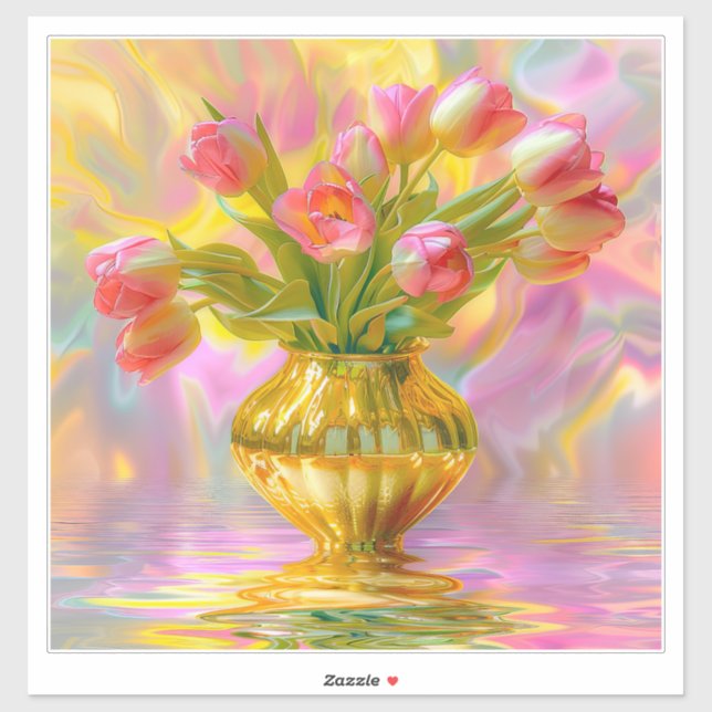 Sticker Vibrant Pink Tulips in Golden Vase (Feuille)