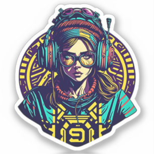Sticker Vibrant Retro Groove : Cool fille avec casque