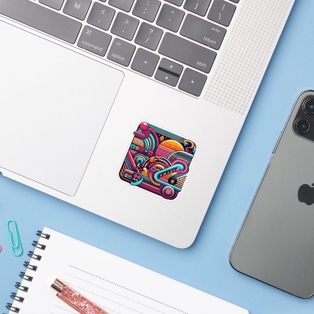 Sticker "Vibrant Retro Neon Geometry" (Ordinateur portable avec iPhone)