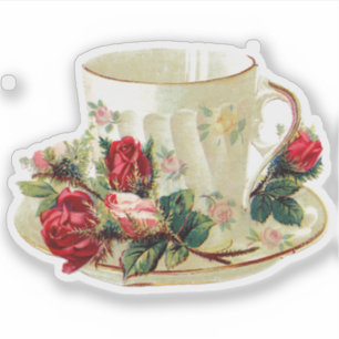 STICKER VICTORIAN TEACUP AVEC ROSES COUPE PERSONNALISÉE