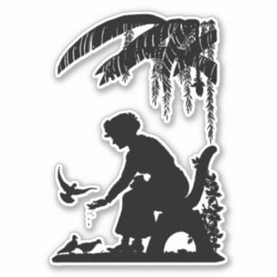 Sticker Vielle Femme nourricière Oiseaux Silhouette art
