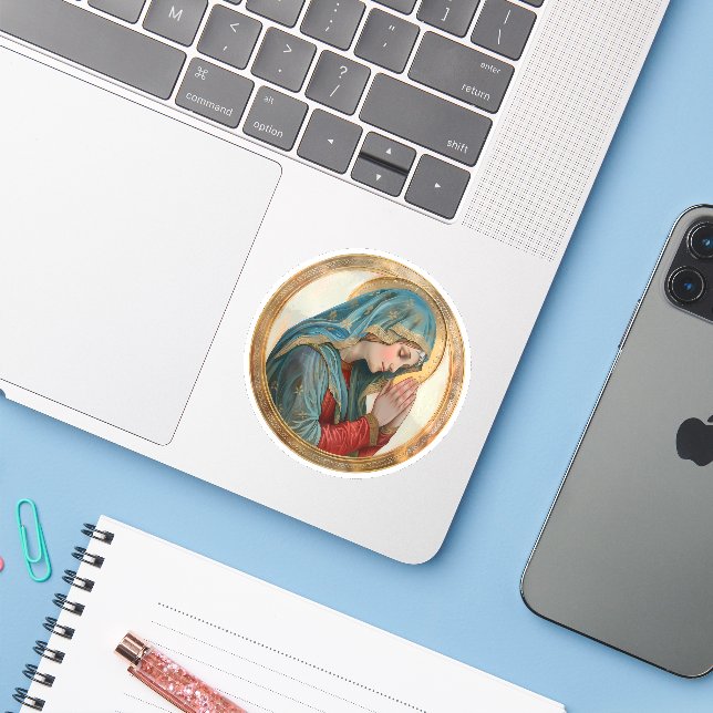 Sticker Vierge Marie priant vinyle catholique romain (Ordinateur portable avec iPhone)