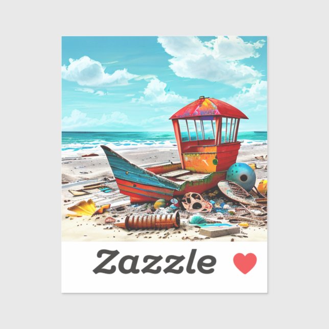 Sticker Vieux bateau déserté sur une plage de sable abando (Feuille)